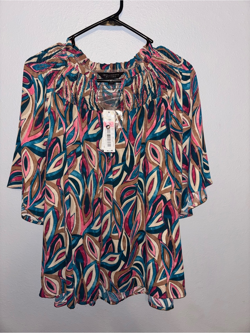 Investments Multicolor Leaf-Print Peasant Blouse - Teal/Pink/Brown